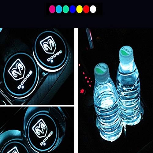 Lntly LED Car Logo Cup Holder Pad Waterproof Bottle Drinks Coaster Built-in Light 7 Colors Changing USB Charging Mat LED Cup Mat Car Atmosphere Lamp 2PCS for Dodge Accessories