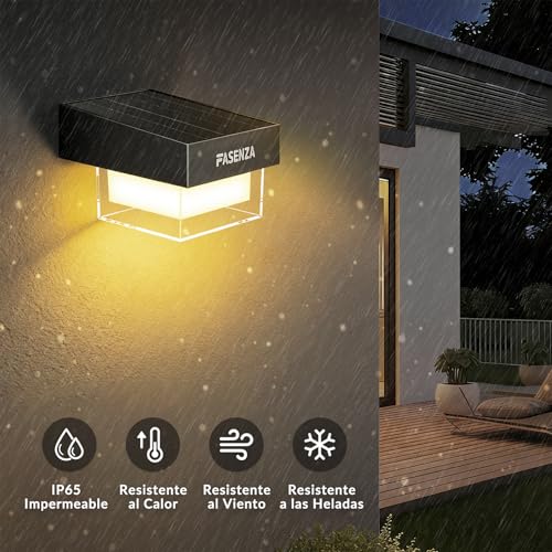 FASENZA Lámpara Solar Exterior: 400 Lúmenes, 3 Tonos de Luz Ajustables 3000K/4500K/6500K, Batería 1800mAh, IP65 Impermeable, para Jardín, Patio, Terraza, Pasillo, Valla, 2 Años de Garantía, 4 Piezas