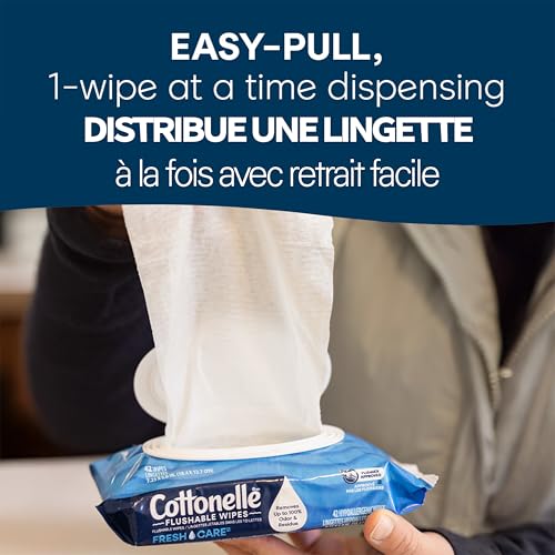 Cottonelle Fresh Care Flushable Wet Wipes, Adult Wet Wipes, 2 Flip-Top Packs, 42 Wipes per Pack (84 Total Flushable Wipes) | 42 Wipes Per Pack, Plant-Based, FSC Certified, Septic-Safe, Unscented, Adult Use