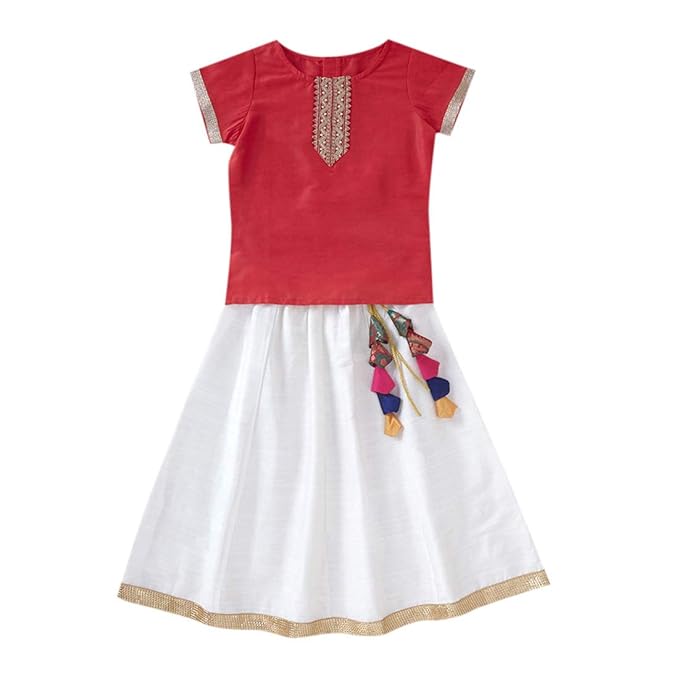 The Magic Wand By Hopscotch Girls Polycotton Taffeta Cap Sleeve Pattu Pavadai, Lace Embellished Choli With Blouse in Red Color