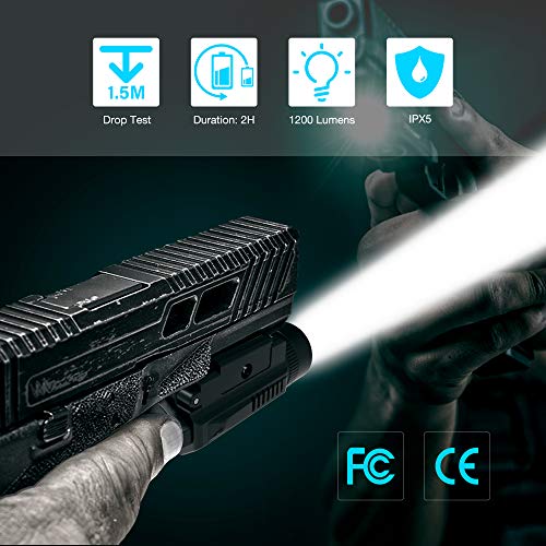 FLAGPOWER 1200 Lumens Weapon Light Compact Pistol Flashlight with Cree XML2 LED 2 x CR123A Lithium Batteries for Hiking, Camping, Hunting - Thumbnail 3