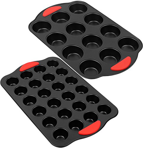 Galashield Nonstick Muffin Pan | 12 Cup Regular and 24 Mini Cup with Silicone Grip (2 Piece Set)