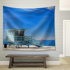 Lifeguard Station with American Flag on Hermosa Beach, California, USA - Fabric Wall Tapestry Home Decor - 51x60 inches