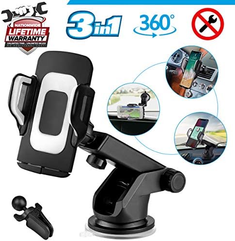 Car Phone Mount, 3-in-1 Cell Phone Holder Smartphone Car Air Vent Mount Holder Cradle Dashboard Mount Windshield Mount 360°Adjustable Rotating Cell Phone Mount for iPhone Samsung Google Huawei