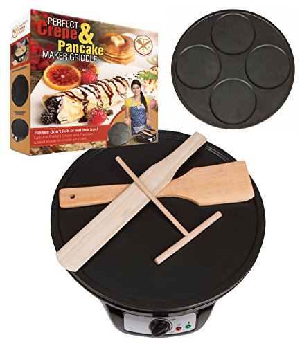 Perfect Crepe Maker and Pancake Maker, Crepe Pan with 2 Interchangeable Non-Stick Electric Griddle Pans, Includes Wooden Spreader, Spatula, Turner, Batter Mixer