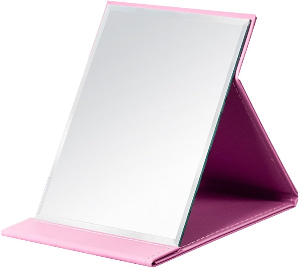 JOLY Protable PU Leather Mirror Folding Desktop Makeup Mirror with Adjustable Stand for Personal Use,Travelling (S, Pink)
