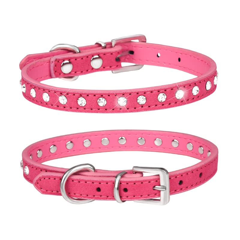 haoyueer Cute Dazzling Sparkling Elegant Fancy Suede Leather 1 Rows Bling Rhinestone Crystal Jeweled Small Pet Cat Dog Puppy Collar … (M, Hot Pink)