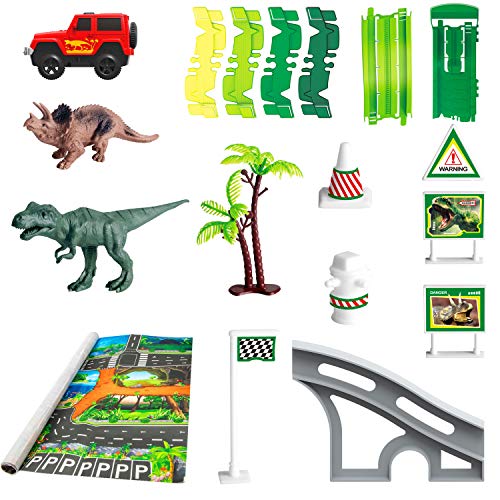 Dinosaur Race Track Toys Set -Single Loop Race Train Track Playset with a 3D Dinosaur Playmat,172 pcs Flexible Tracks and Dino Accessories.
