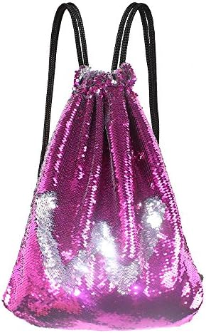 Shiny Mermaid Reversible Sequin Bag Drawstring Backpack for Girls (Rose/Silver)