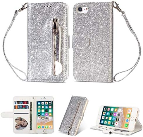KANTAS iPhone 6S Plus/6 Plus Glitter Zipper Wallet Case, Bling Sparkle PU Leather Book Cover with Card Slots Kickstand Function Magnetic Closure Flip Case for iPhone 6S Plus/6 Plus (5.5"), Silver