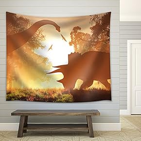 Dinosaurs in Prehistoric Jungle in The Sunset Sunrise 3D Artwork - Fabric Wall Tapestry Home Decor - 51x60 inches