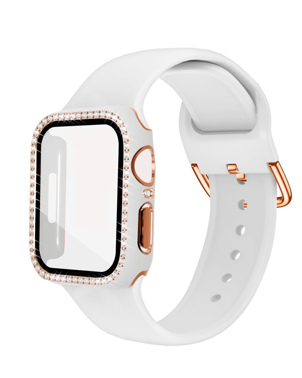 Photo 1 of Compatible with Bling Apple Watch Band 38mm 40mm 41mm 42mm 44mm 45mm for Women, Soft Silicone Strap with Glitter Diamond Case + Glass Screen Protector for iWatch Series 9 8 7 6 5 4 3 2 1 (42mm, White)