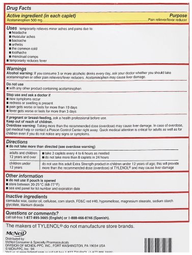 TYLENOL EXTRA STRENGTH CAPLETS, 100 COUNT, PACK OF 2