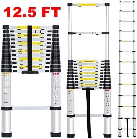 12.5 ft Aluminum Telescopic/Telescoping Extension Ladder with Spring Loaded Locking Mechanism Non-slip Ribbing, 330-pound Capacity