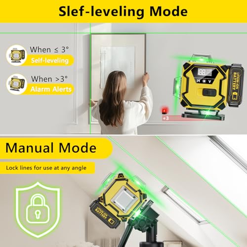 Laser Level 360 Self Leveling, 16 Lines 4×360° Green Pulse Mode Levels for Floor Tile Wall Picture Hanging Construction, 4D Leveler Outdoor Tool with 2 Rechargable Batteries Hard Carry Case