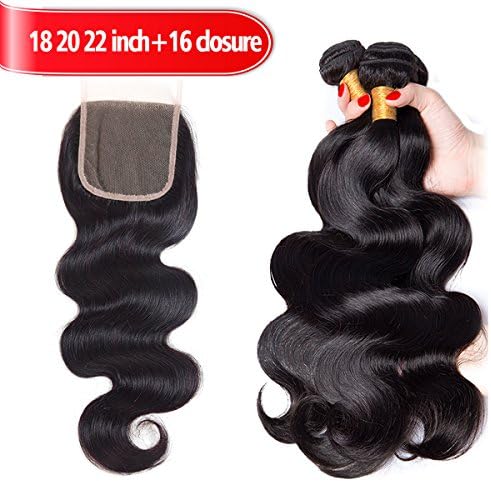 YOUFA Body Wave Bundles With Free Part Closure Weave Hair 100% Unprocessed Virgin Brazilian Human Hair with Lace Closure 3 Bundles 18 20 22 Inch +16 closure 8A Remy hair Extensions Natural Color