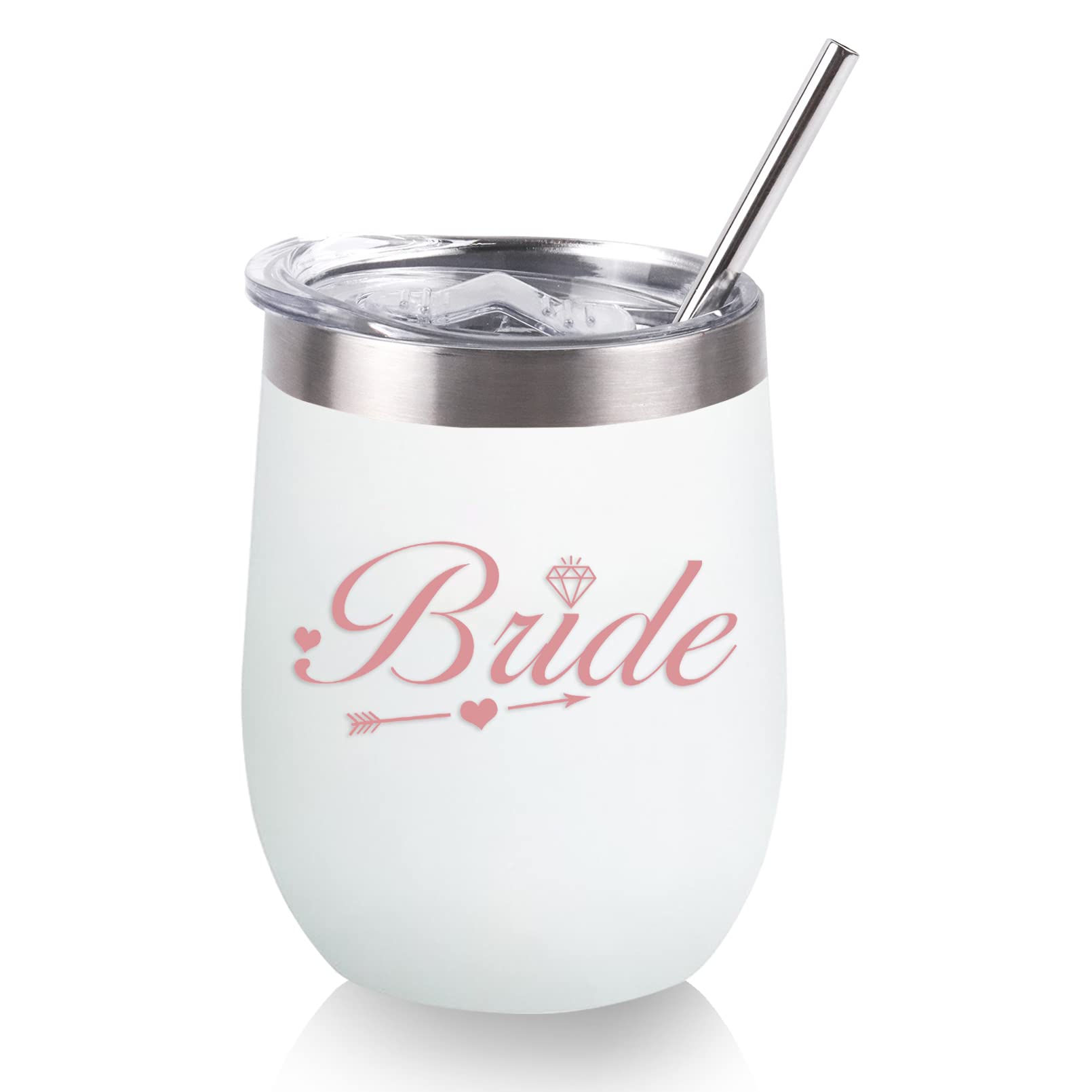 Nwvuop Bride to Be Gift, Wedding & Bridal Shower Gifts - Stainless Steel Wine Tumblers with Straw, White