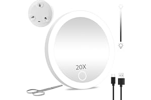 JJHXR 20X Magnifying Makeup Mirror with Lights 4'' Travel 20X Magnification Mirror, Lighted Magnifying Mirror with Suction Cups, Handheld 20X Magnifying Mirror Rechargeable 20X Magnified Mirror with Lights