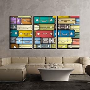 3 Piece Canvas Wall Art - Vector - Background of Colored Suitcases - Modern Home Art Stretched and Framed Ready to Hang - 16"x24"x3 Panels