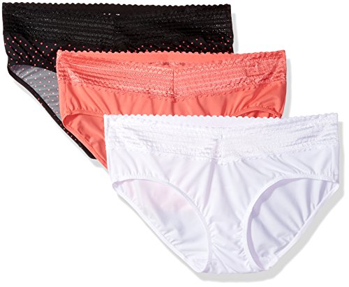 Warner's Women's Blissful Benefits No Muffin Top with Lace 3 Pack Hipster Panties, White/Coral Crush/Coral Crush Dot, L