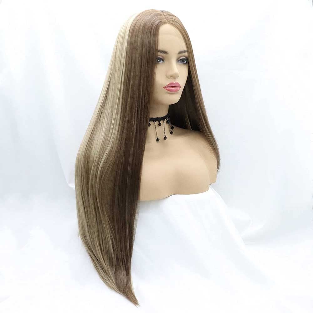 Xiweiya Wigs Brown/Blonde Mixed Hair Piano Color Synthetic HigHlight Lace Front Wig Long Silky Straight Wigs Heat Resistant Fiber Long Hair Wigs Middle Part