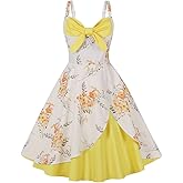Women Spaghetti Straps 50s Vintage Flower Cocktail Party Swing Dress Pin up Contrast Color Block Retro Floral Dress 1950s Audrey Rockabilly Prom Dress A-line Backless Midi Evening Dress Yellow+White M