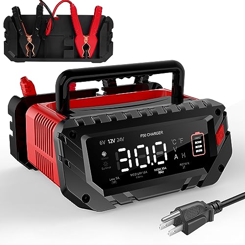 YHCHKJ 30 Amp 6V/12V/24V Smart Trickle Charger, Car Battery Charger, Lithium, Lifepo4, Lead Acid (AGM/Gel/SLA) Battery Maintainer, Desulfurizer for Car, Boat, Motorcycle, Lawn Mowers