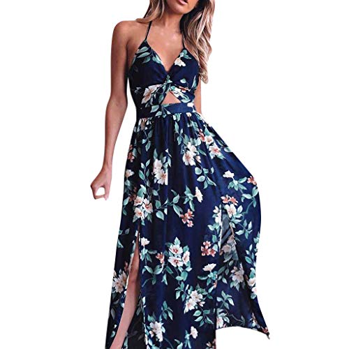 iYBUIA Sexy Womens Printing Off Shoulder Sleeveless Party Slim Long Dress Navy
