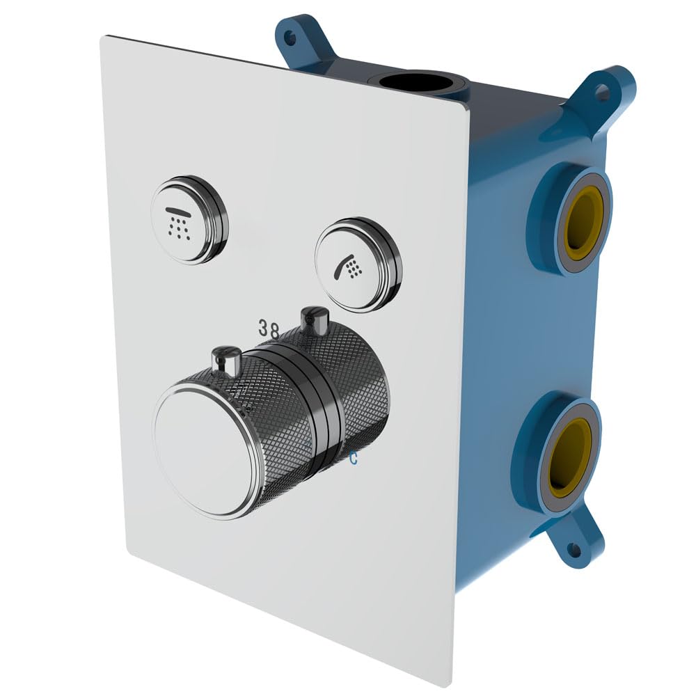 Thermostatic Shower Mixer Tap Round Wall Mounted 2-Way Square Ceramic Diverter Includes Shower Arm Bracket with Socket, Hose and Sprayer