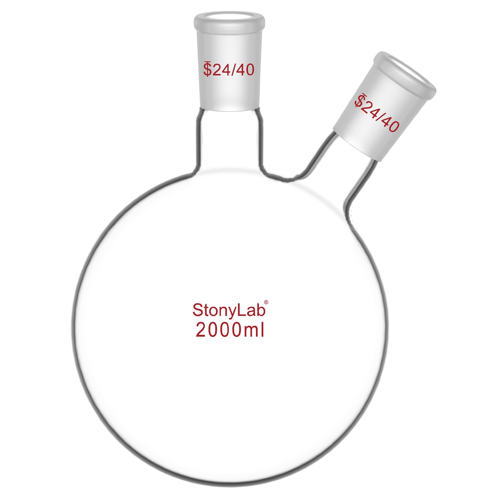StonyLab Borosilicate Glass 2 Neck Round Bottom Flask RBF, with 24/40 Center and Side Standard Taper Outer Joint - 2L (2000ml)