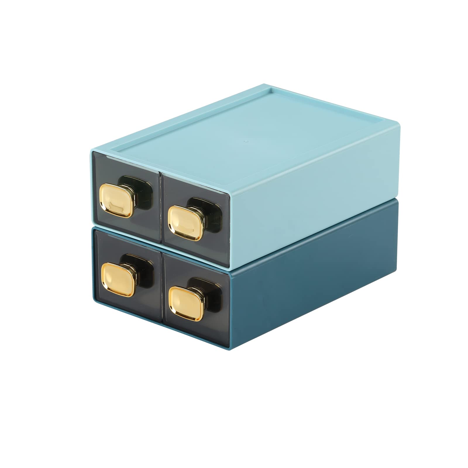 OSteed Spacious Desk Drawers, Stackable Desktop Organizer, Plastic Storage Box for Office, School & Home Supplies (4 Small Drawers, BU & CYAN)