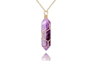 VIBILIA Healing Crystal Necklace Wire Wrapped Natural Point Pendant Necklace Hexagonal Reiki Spiritual Quartz Gemstone Stone Jewelry for Women Men