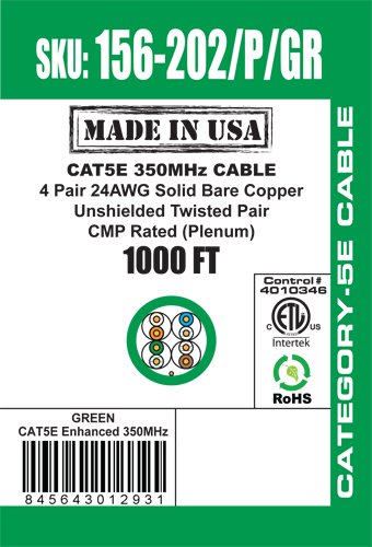 Vertical Cable CAT5E, 350 MHz, UTP, 24AWG, 8C Solid Bare Copper, Plenum, 1000ft, Green, Bulk Ethernet Cable - Made in USA