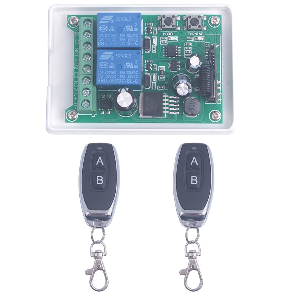 Wireless Remote Relay Switch DC 10A 12V-48V 24V 36V 2 Channel Multi-Function Remote Control Switch, 433Mhz Transmitter Receiver for Wireless Garage Door Keypad Opener Switch (2 X Remote Control)