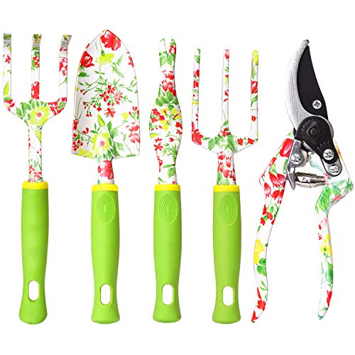 vanow Garden Tools Set, 5 PCS Heavy Duty Aluminum Garden Hand Tools Kit, Floral Print Gardening Tools Gifts for Women with Pruning Shears Weeder Hand Rake Shovel Cultivator