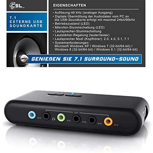 CSL-Tarjeta-de-Sonido-USB-71-Externa-8-Canales-Canal-71-USB-Soundbox-Dynamic-3D-Surround-Sound-para-hasta-8-Altavoces-grabacion-reproduccion-simultanea-para-Audio-analogicos-y-Digitales