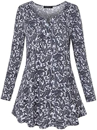 Women's Casual Floral Long Sleeve Henley V Neck Flare Pleated Tunic Blouse Shirt