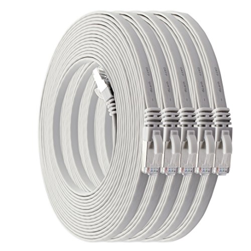 1aTTack.de 10m - weiß - 5 Stück Cat7 Flachkabel Netzwerkkabel Cat 7 Rohkabel Gigabit Lan (10Gbit/s) Flachbandkabel Verlegekabel Patchkabel Flach Slim