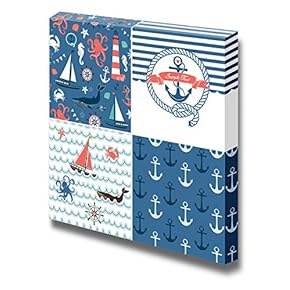 Canvas Prints Wall Art - A Set of 4 Unique Nautical Backgrounds. Blue, Red and White Seamless Patterns - 12" x 12"