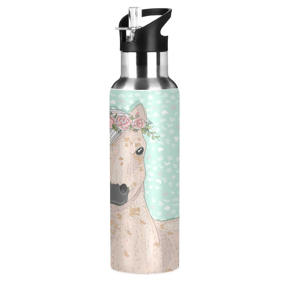 Mnsruu Flower Horse Water Bottle for Girls Stainless Steel Vacuum for Kids Insulated Water Bottle Standard Mouth Bottle with Wide Handle