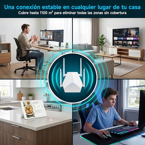 Repetidor WiFi Largo Alcance 1167Mbps, Extensor Señal Doble Banda 2.4G+5G para Casas Grandes Oficinas, Elimina Zonas Muertas