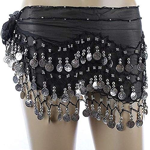 Black Belly Dancing Hip Scarf With Silver Coins (609132509056)
