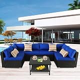Patio Rattan Furniture Outside Sofa Black Rattan Couch Set Garden Rattan Seating Couch Sectional Conversation Sofas Royal Blue Cushion
