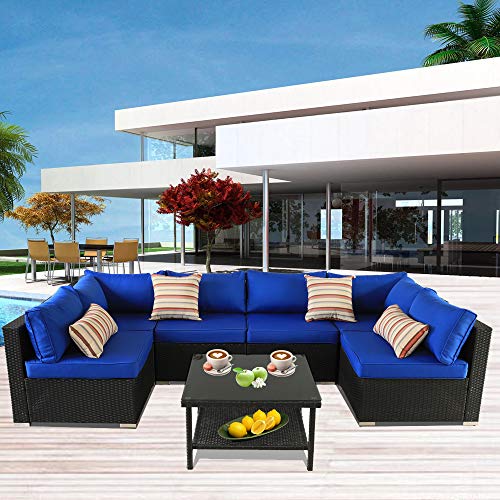 Patio Rattan Furniture Outside Sofa Black Rattan Couch Set Garden Rattan Seating Couch Sectional Conversation Sofas Royal Blue Cushion