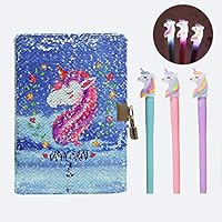 EsOfficce Sequin Notebook ,Unicorn Notebook Glitter Gel Pens Set, DIY Personal Diary with Lock and Key, Reversible Travel Journal Notebook Gift for Adults and Kids, A5 8.5" x 5.5", 156 Pages,Blue