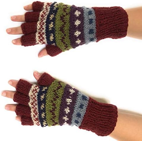 Hand Knit Fingerless Graphic Striped Winter Wool Texting Gloves Mittens Warm Fleece Lined