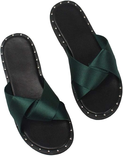green satin sandals