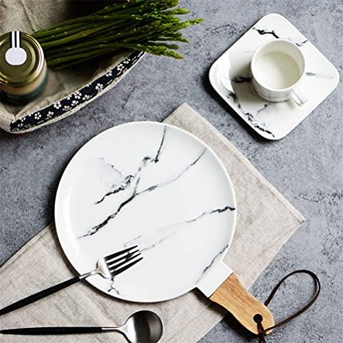 Panzi Ceramics Plate, Wooden Handle Plate Salad Plate Steak Plate Dessert Plate Banquet Plate Storage Tray Marble Pattern (Color : 35CM)