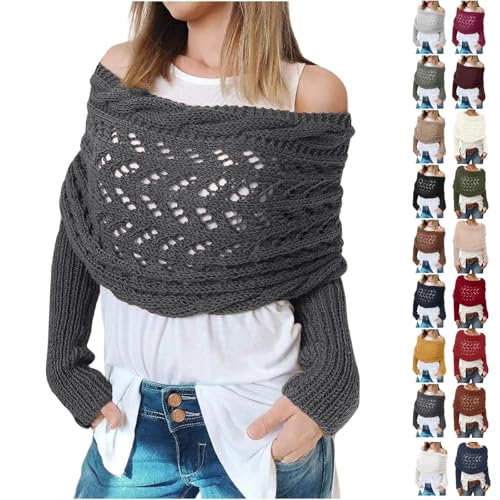 Scarf with Sleeves for Women UK Hollow Out Crochet Long Sleeve Jumper Tops Cable Knit Crossover Wrap Sweater Cashmere Shrugs Ladies Double Sleeve Boho Pashmina Shawl Autumn Winter Off Shouder Cardigan