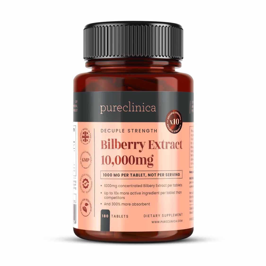 Pureclinica Bilberry Extract 1000mg (10:1) per Tablet – with Black Pepper Extract – 180 Tablets – High Strength – 6 Month Supply